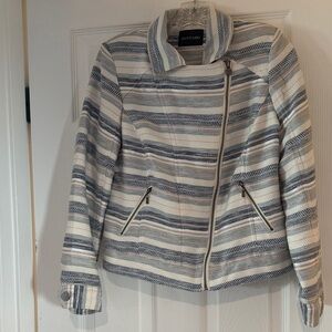 Dolce Cabo Blue White Gold Striped Bomber Blazer Jacket career casual M L